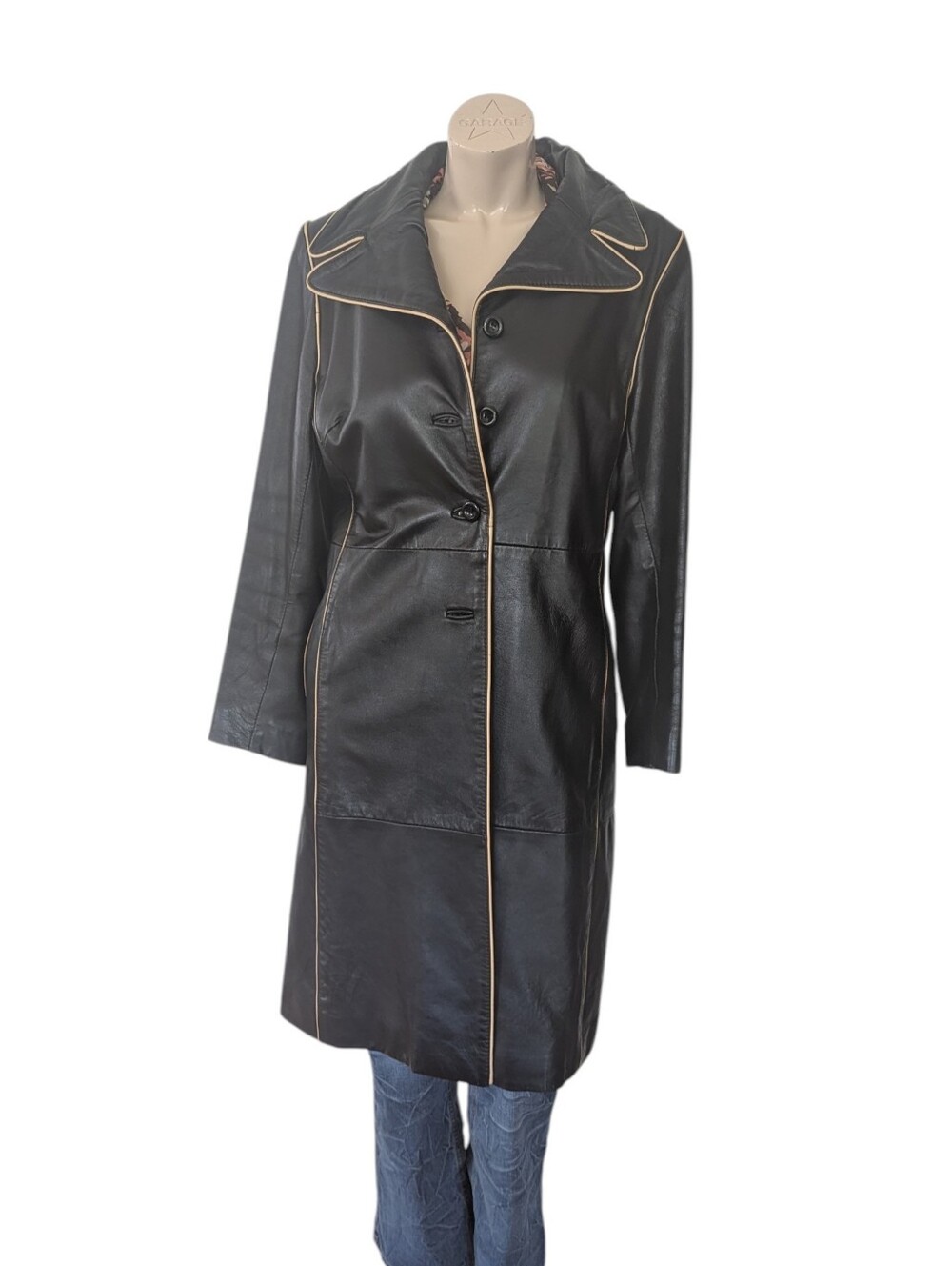 vintage, Oscar Leopold ,Black Leather Coat with Contrast Tan Piping